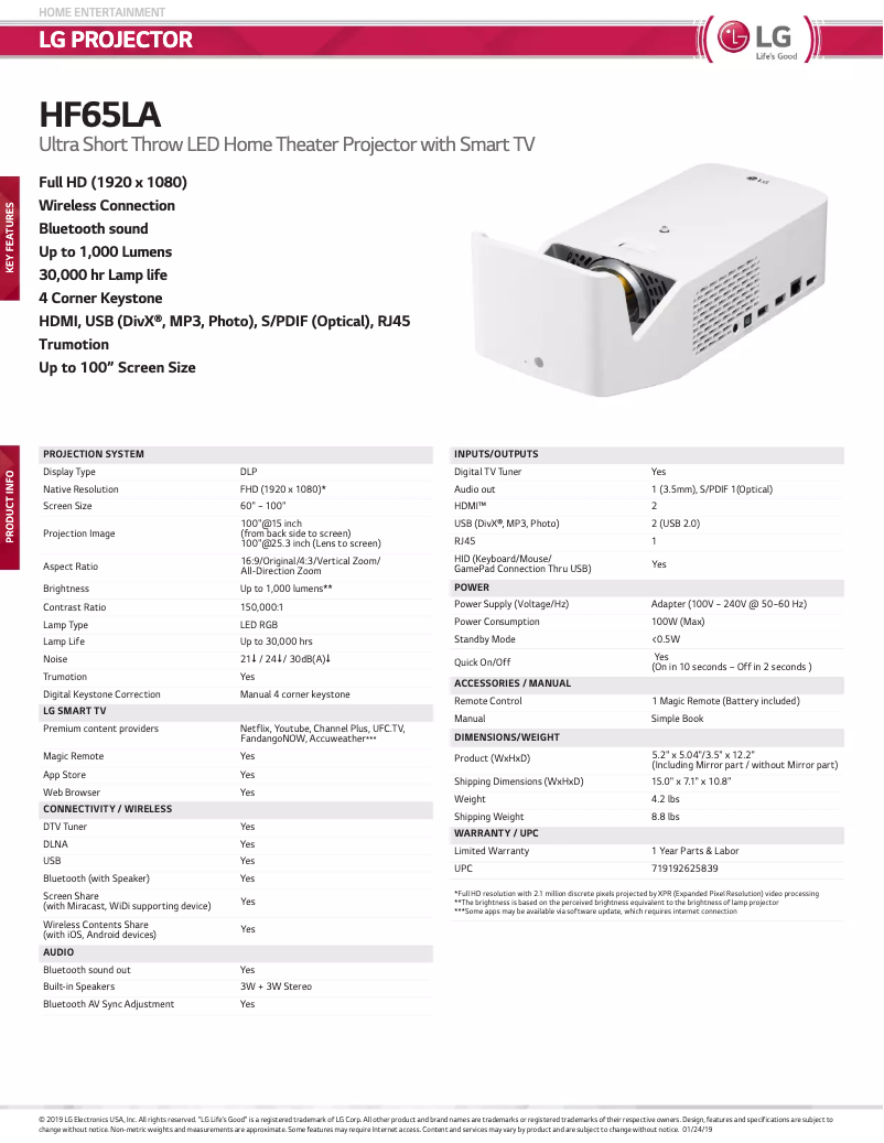 Página 1 del manual Ficha técnica LG HF65LA