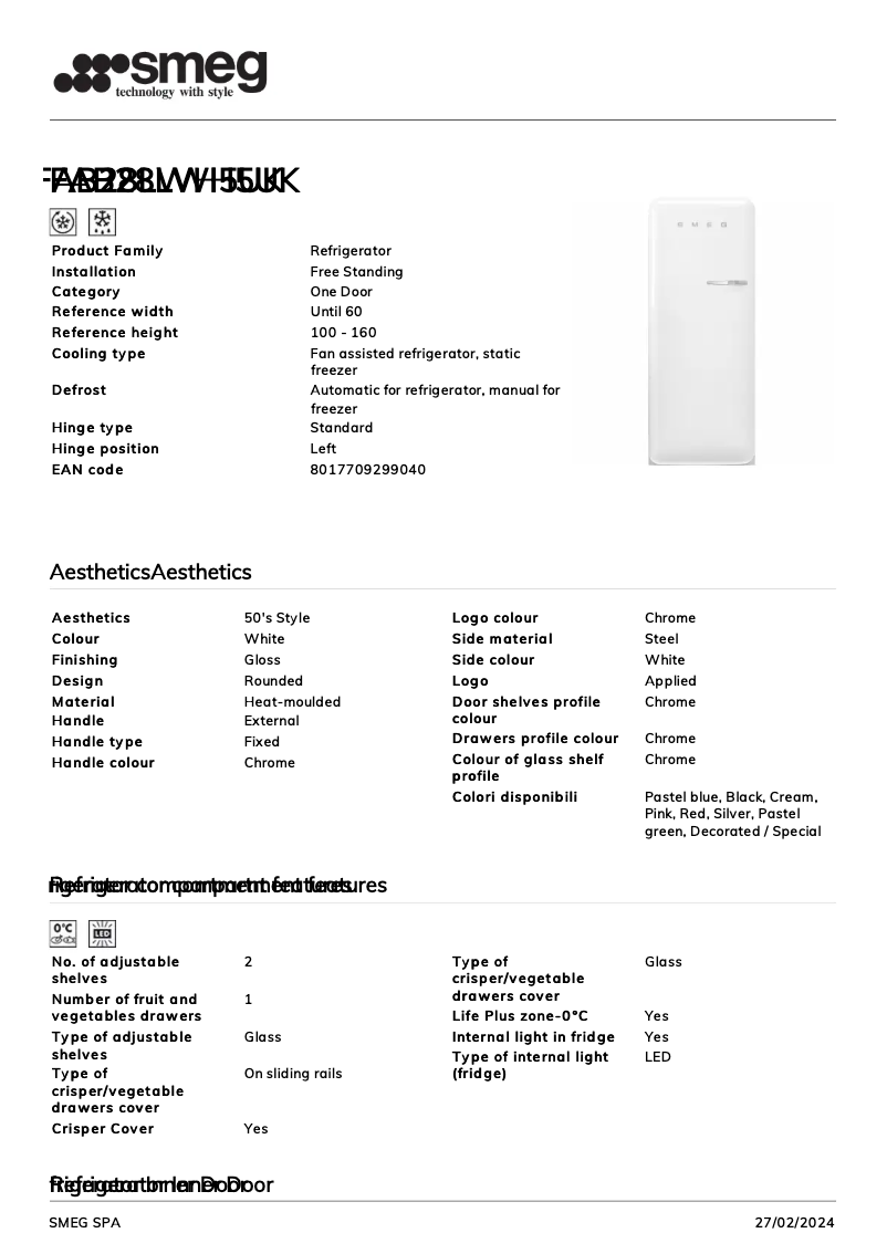 Page 1 de la notice Fiche technique Smeg FAB28LWH5UK