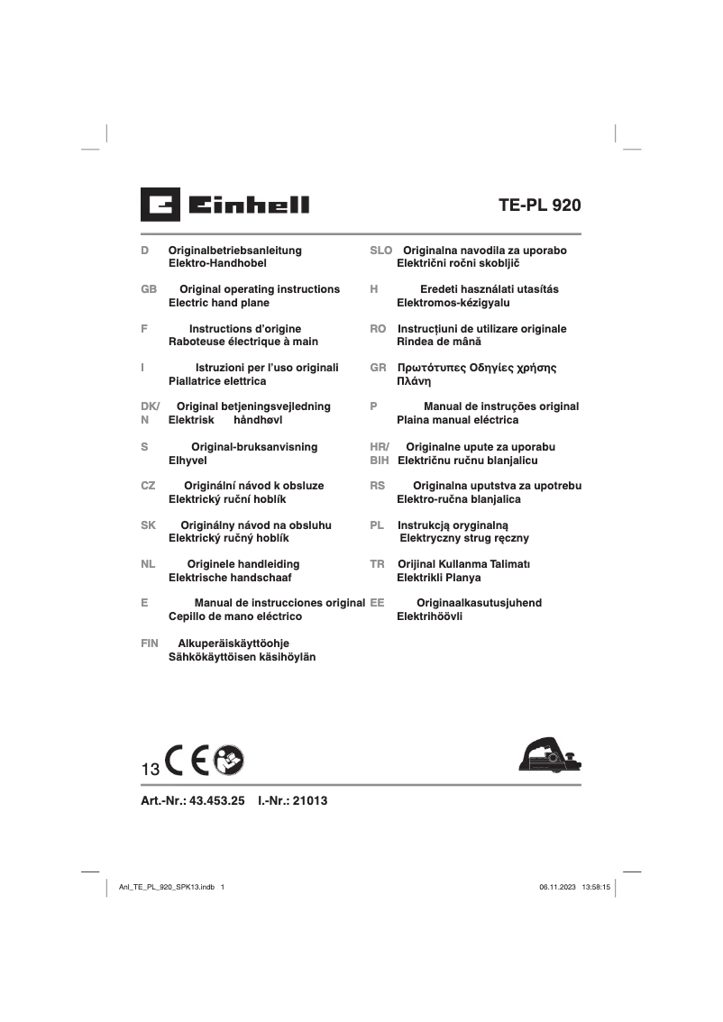 Page 1 de la notice Manuel utilisateur Einhell TE-PL 920