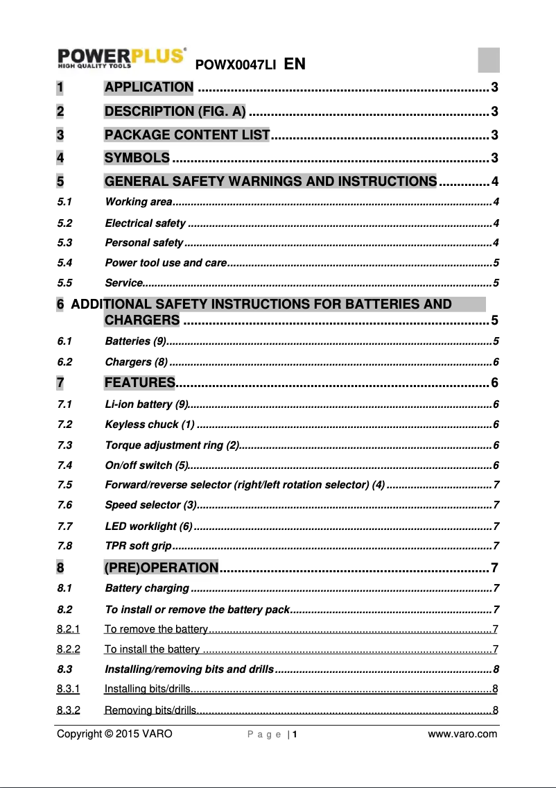 Page n°1 - Manuel utilisateur PowerPlus POWX0047Li