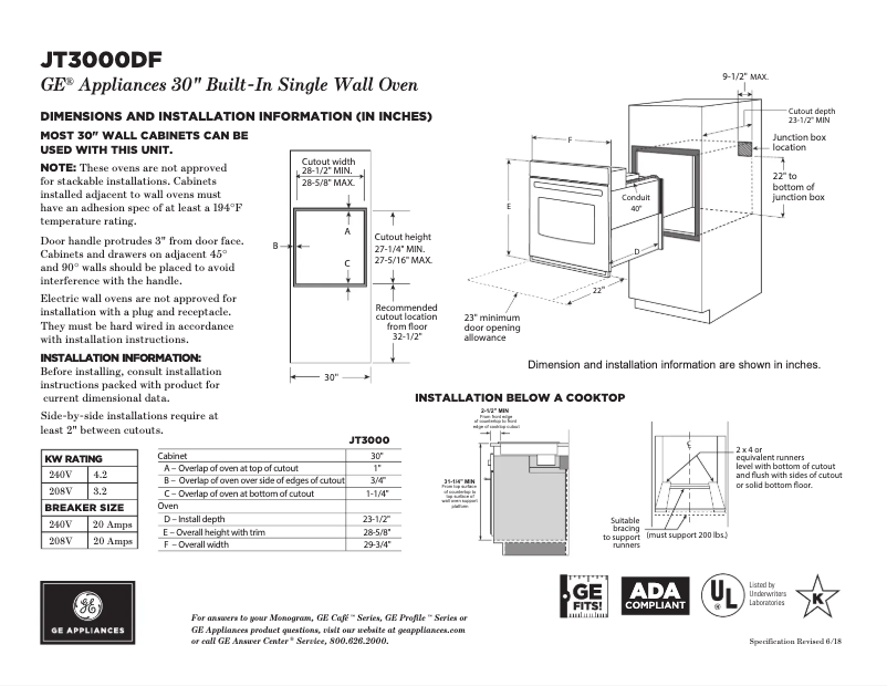 Page 1 de la notice Fiche technique GE JT3000DFBB