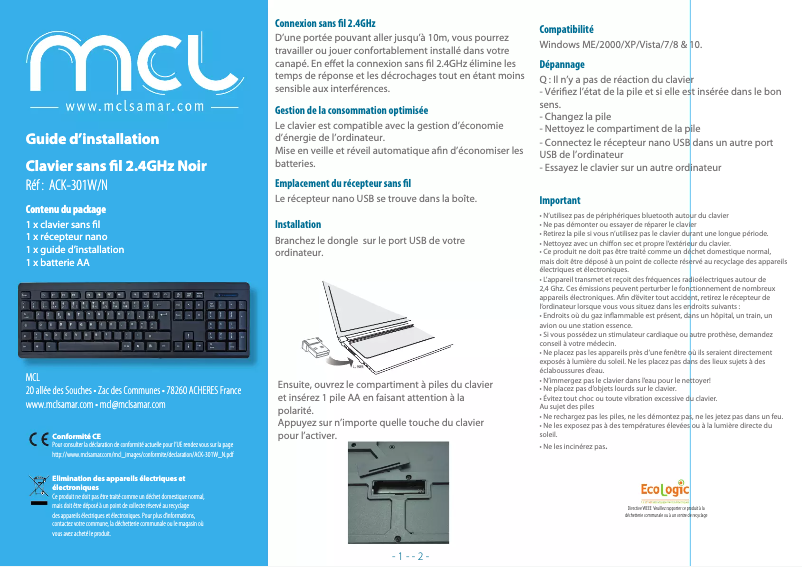 Page 1 de la notice Manuel utilisateur MCL ACK-301W/N