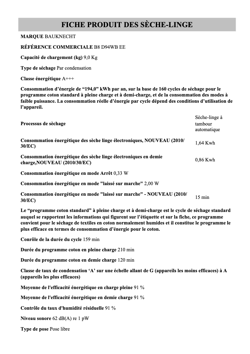 Image de la première page du manuel de l'appareil B8 D94WB EE