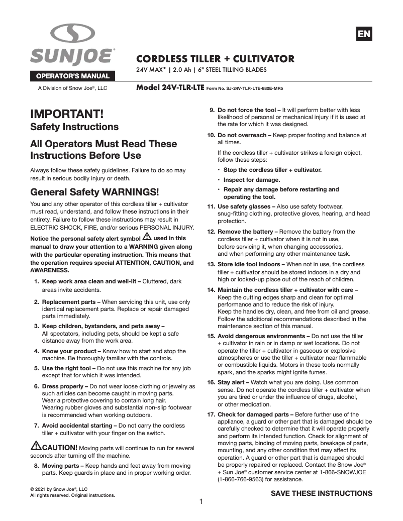 Page n°1 - Manuel utilisateur Sun Joe 24V-TLR-LTE