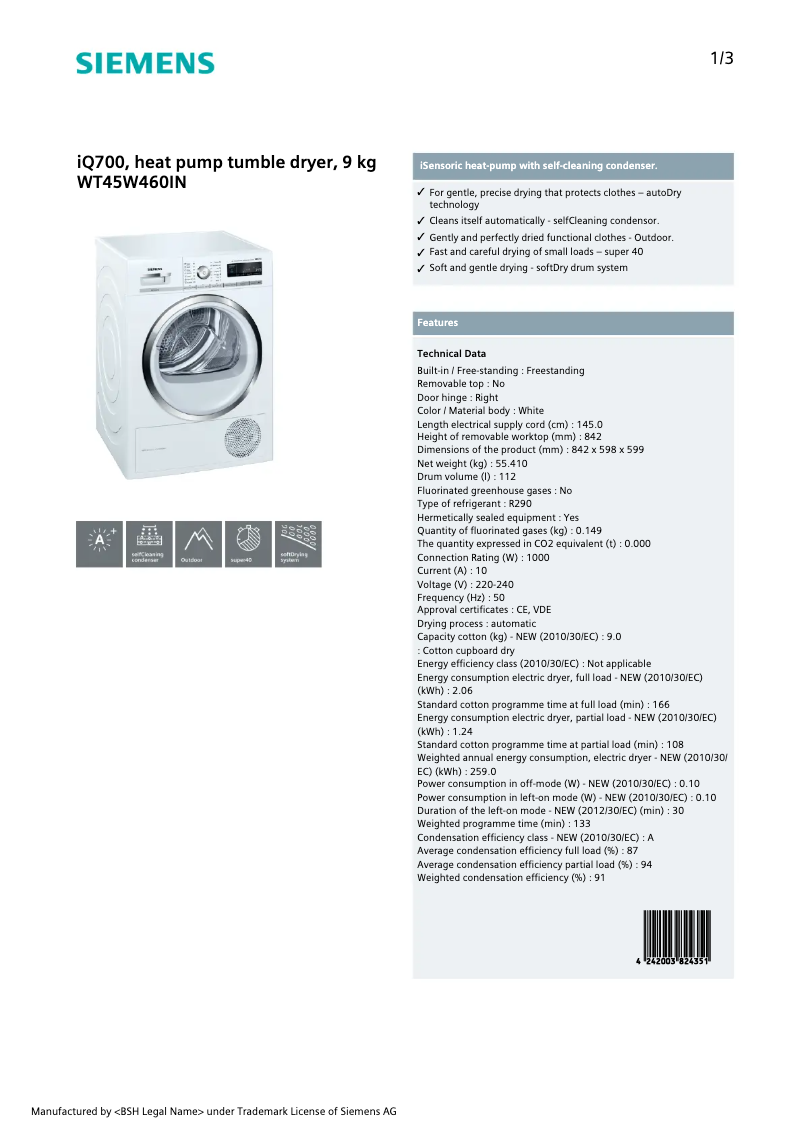 Image de la première page du manuel de l'appareil WT45W460IN