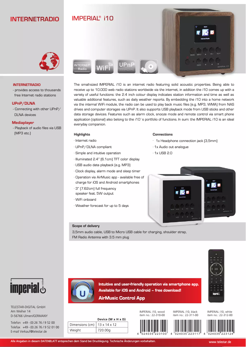 Page 1 de la notice Fiche technique Imperial I10