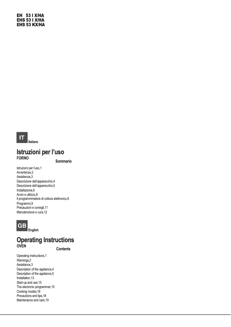 Page 1 de la notice Manuel utilisateur Hotpoint Ariston EHS 53 I X/HA