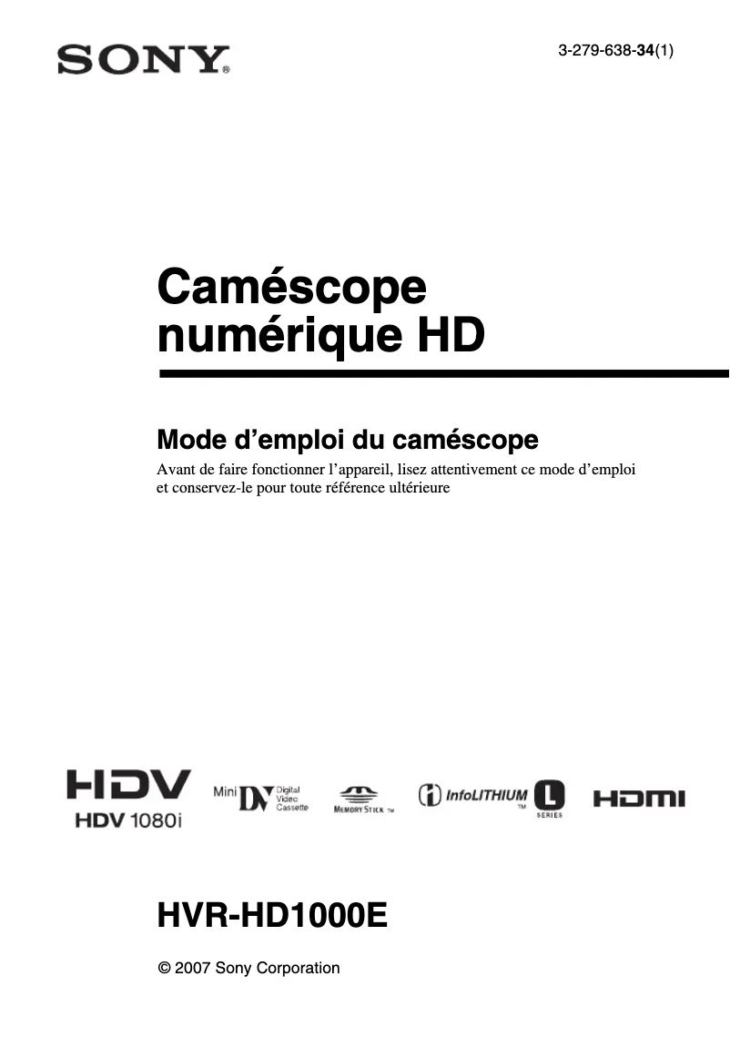 Image de la première page du manuel de l'appareil HVR-HD1000E