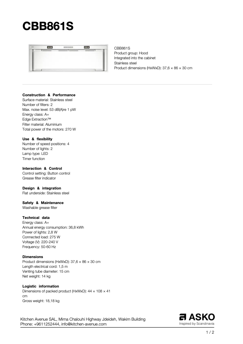 Page n°1 - Fiche technique Asko CBB861S