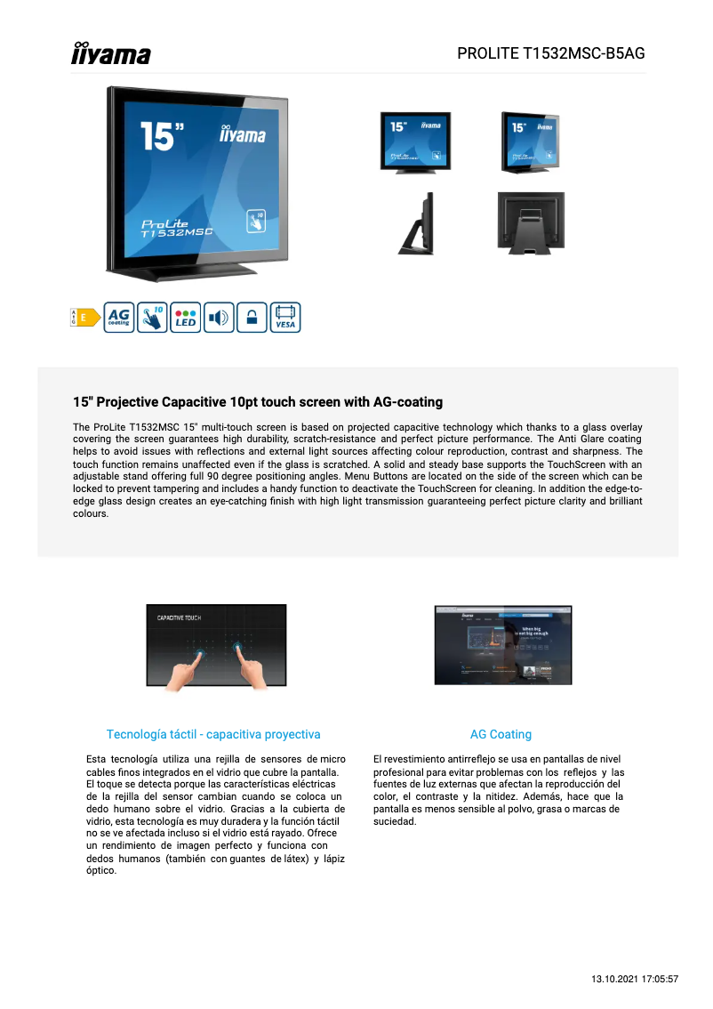 Page 1 de la notice Fiche technique Iiyama ProLite T1532MSC