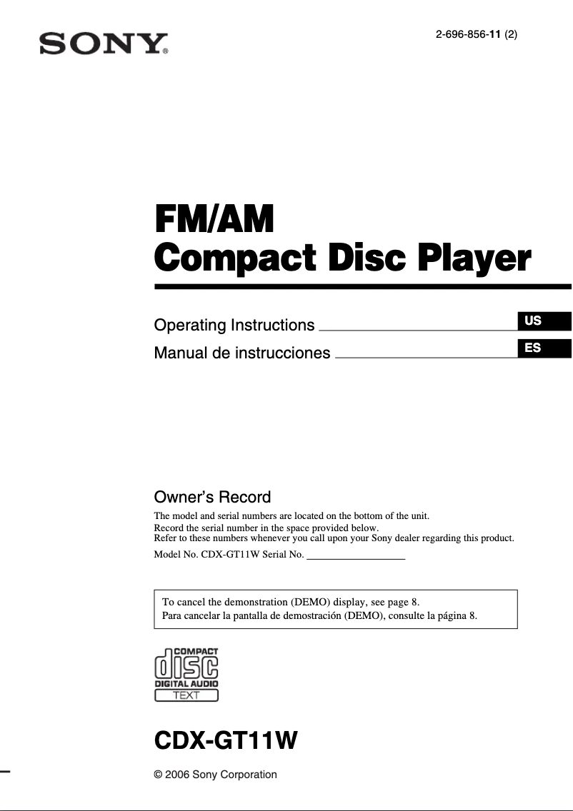 Image de la première page du manuel de l'appareil CDX-GT11W