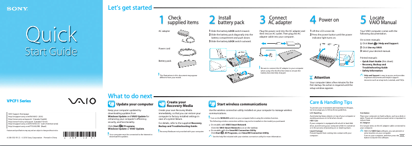 Page 1 de la notice Guide d'installation Sony Vaio VPCF136FD
