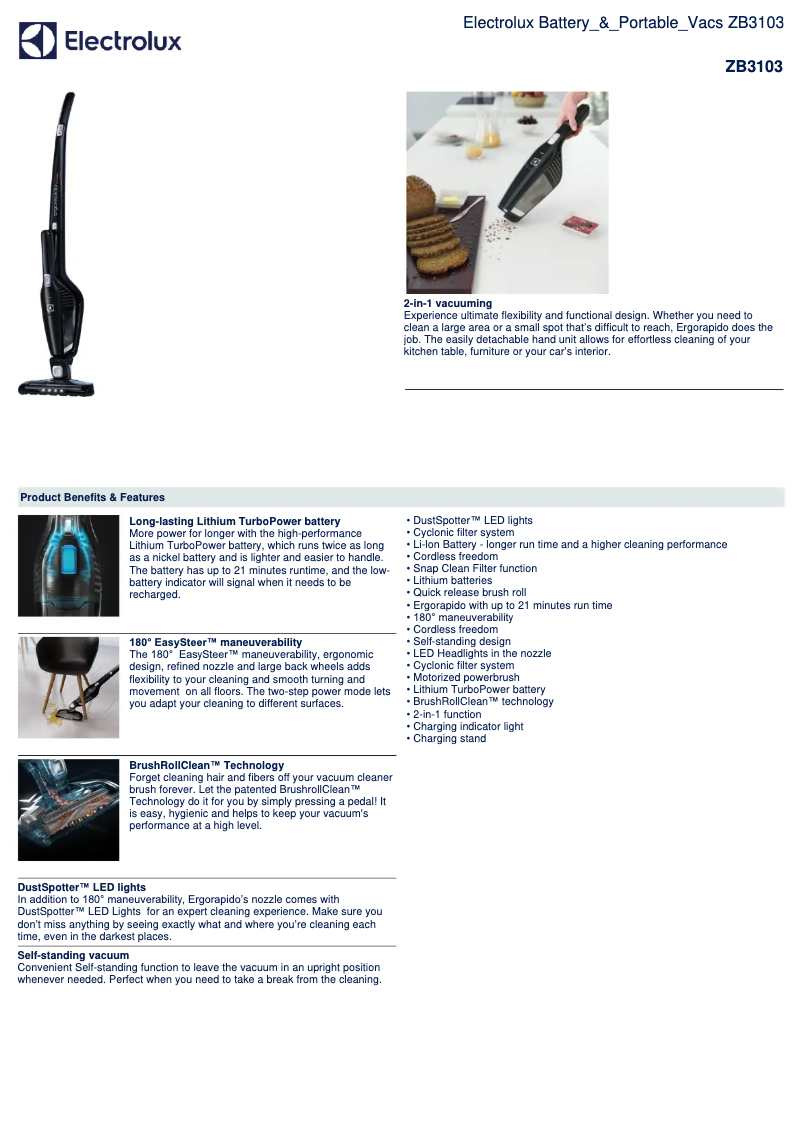 Page 1 de la notice Fiche technique Electrolux ZB3103