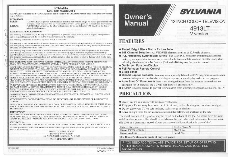 Page 1 de la notice Manuel utilisateur Sylvania 4913LTV