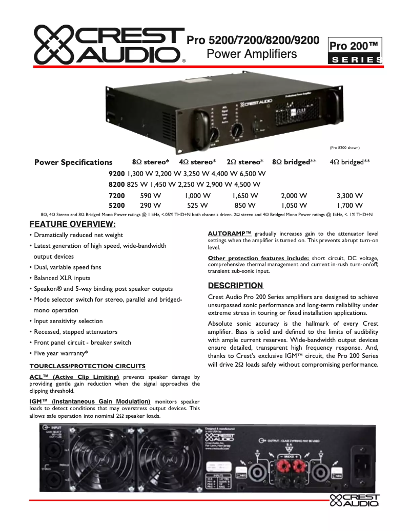 Page 1 de la notice Fiche technique Crest Audio Pro 5200