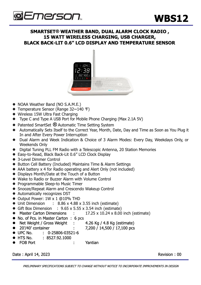 Page 1 de la notice Fiche technique Emerson WBS12
