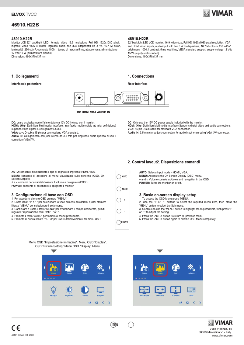 Page 1 de la notice Manuel utilisateur Vimar ELVOX 46910.H22B