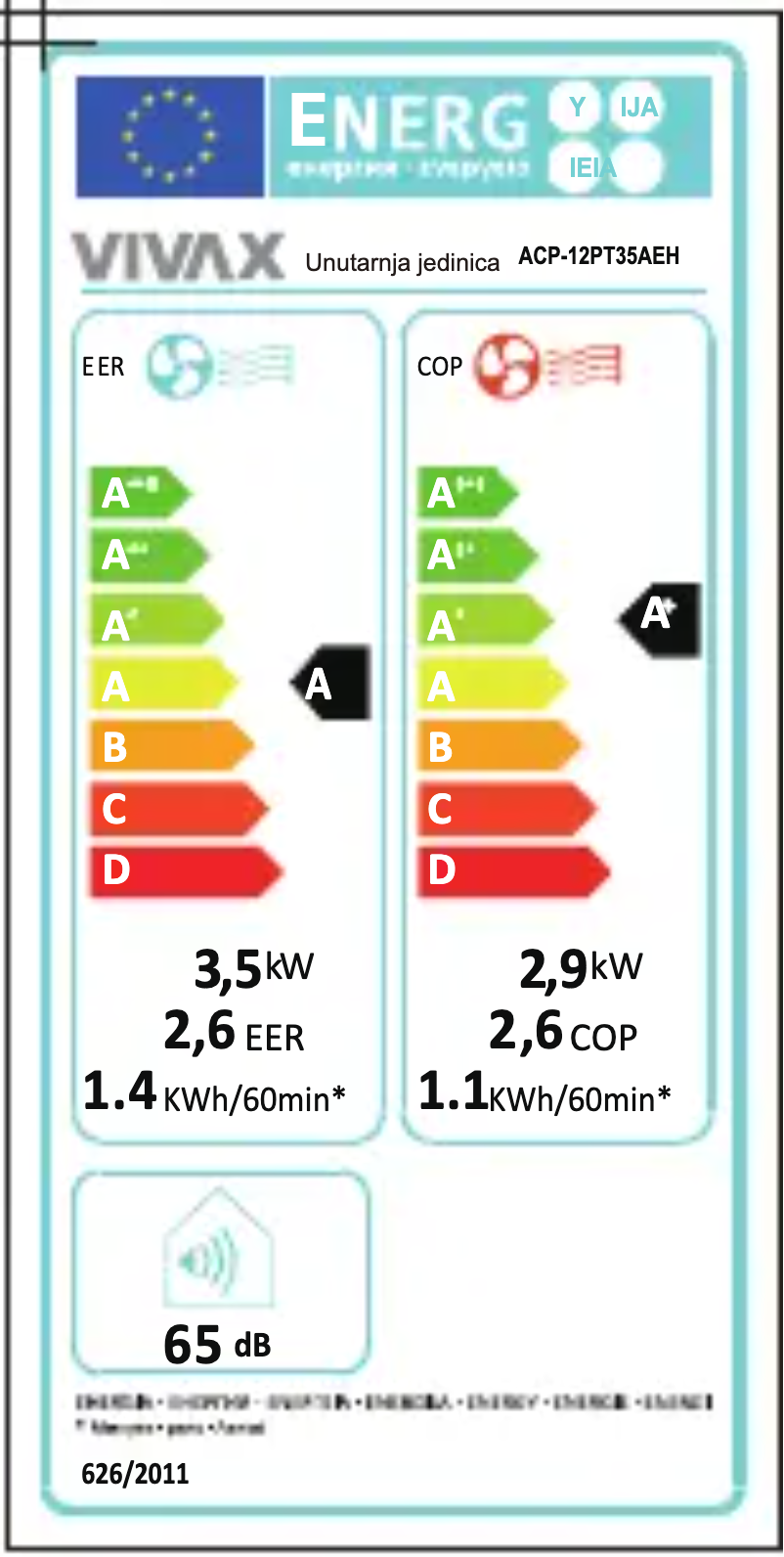 Page n°1 - Label énergétique Vivax ACP-12CH35AEH