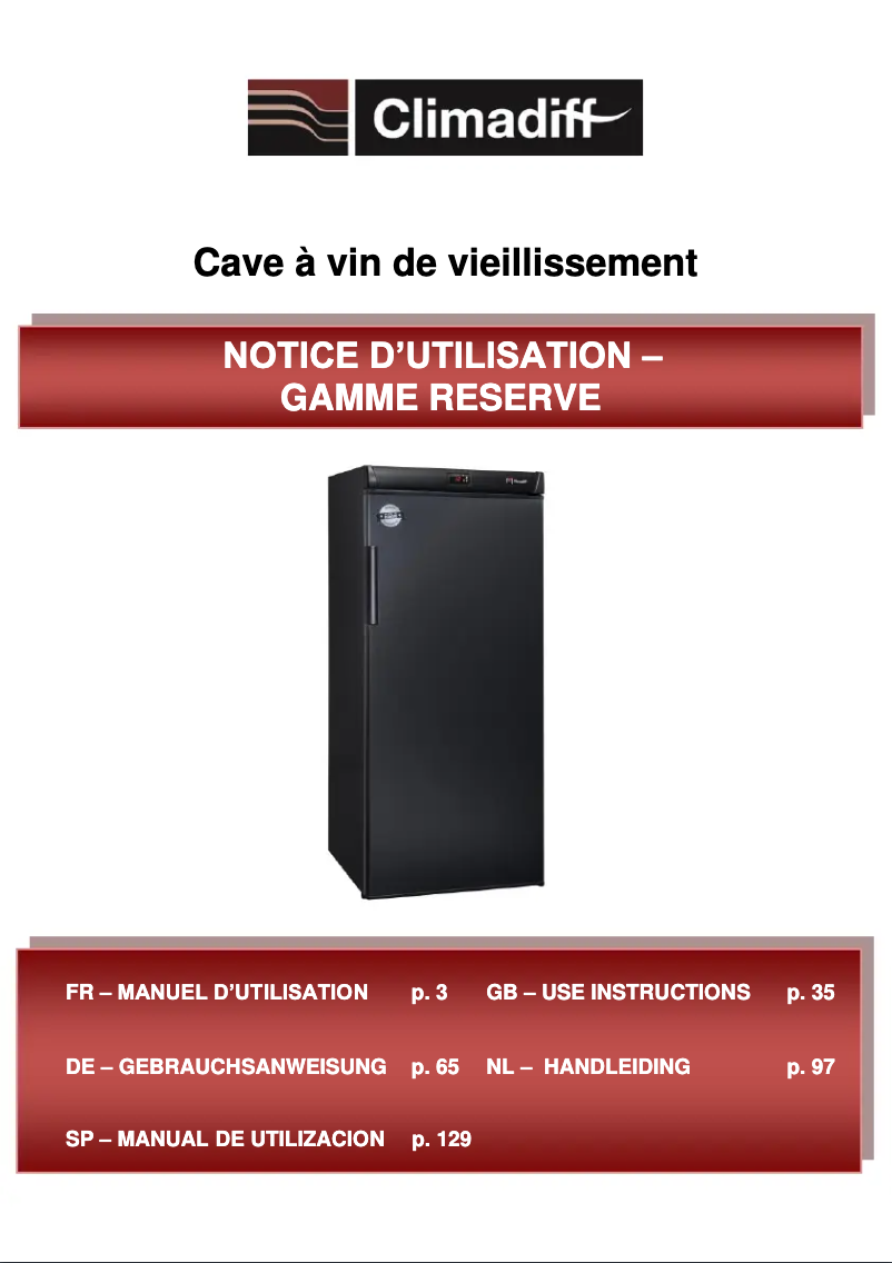 Page 1 de la notice Manuel utilisateur Climadiff RESERVE 185