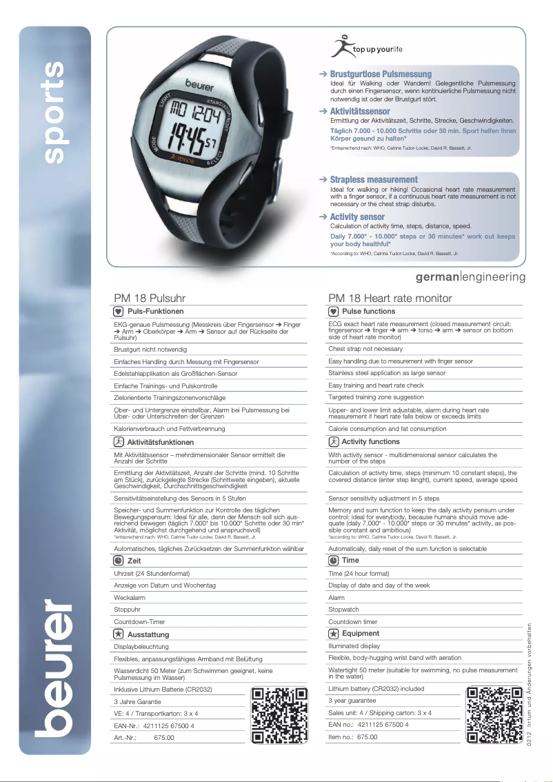 Page 1 de la notice Fiche technique Beurer PM 18