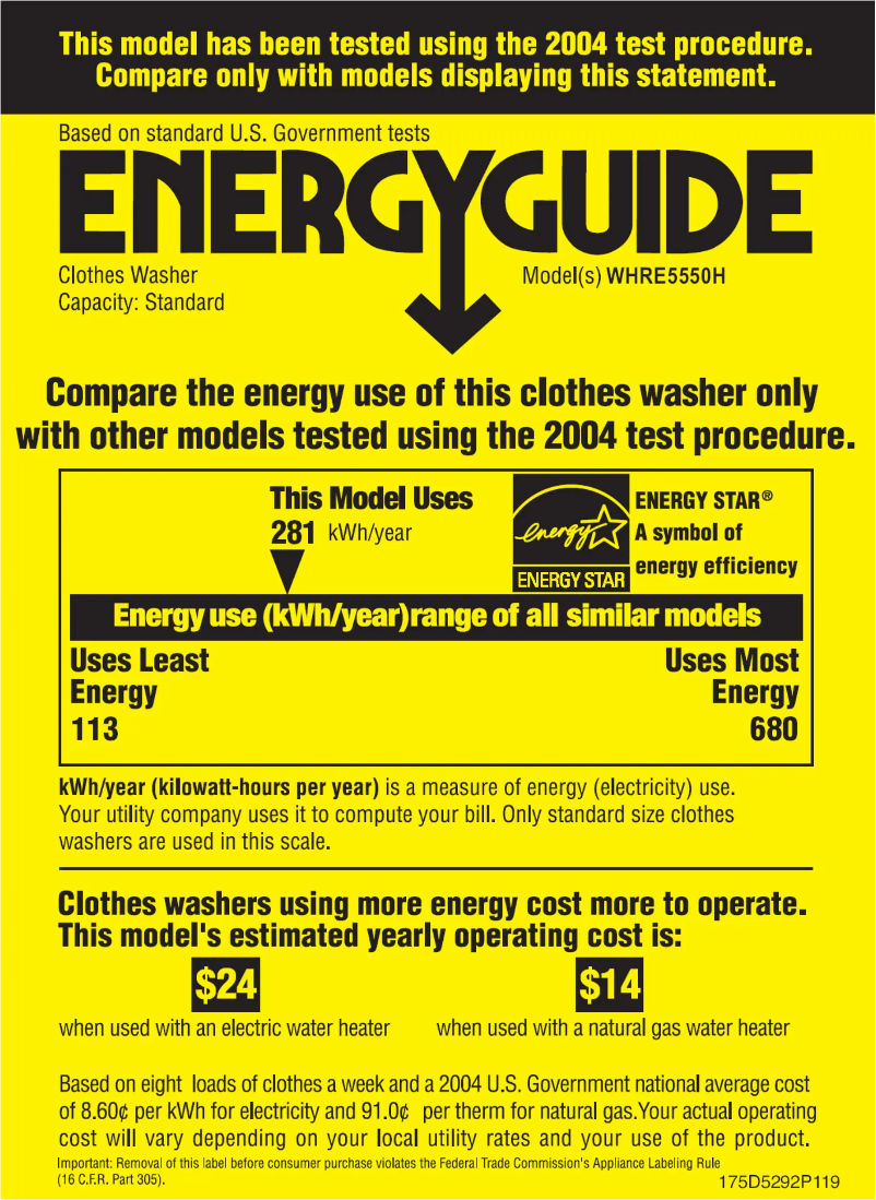 Page 1 de la notice Label énergétique GE WHRE5550HWW