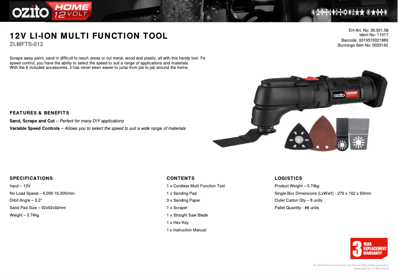 Page 1 de la notice Fiche technique Ozito ZLMFTS-012
