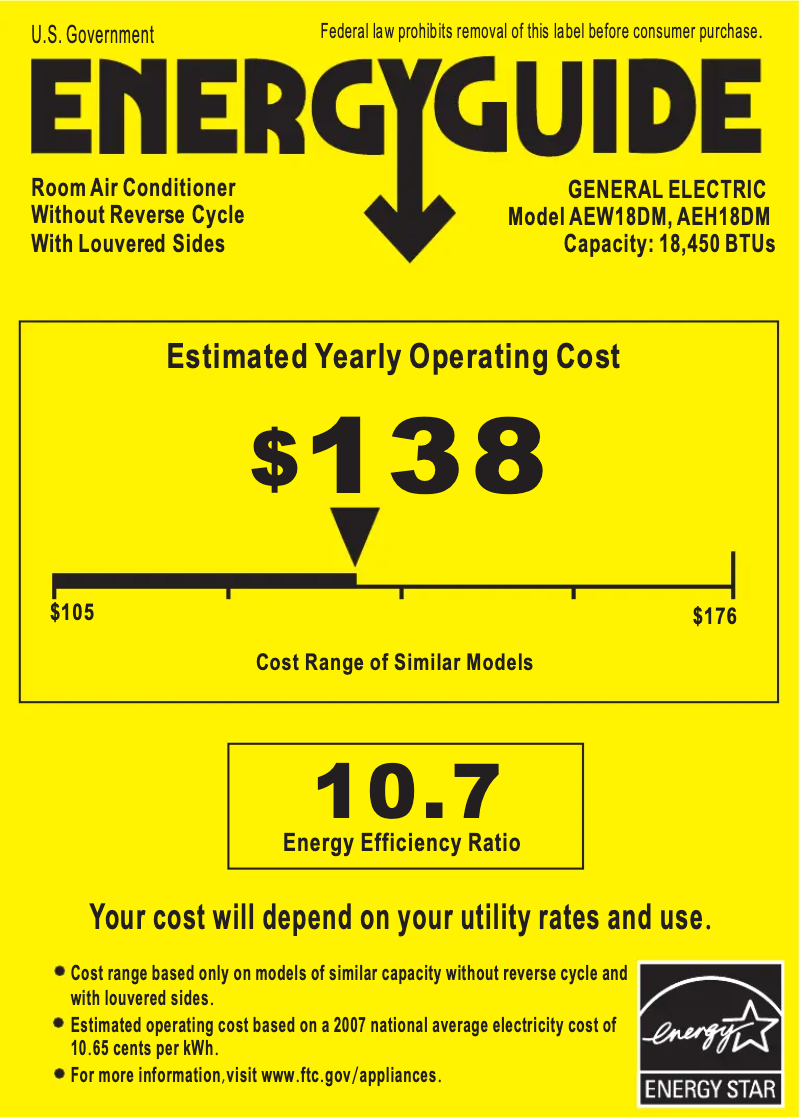 Page 1 de la notice Label énergétique GE AEH18DM