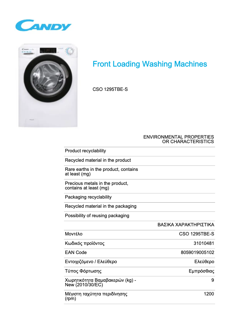 Page 1 de la notice Fiche technique Candy CSO 1295TBE-S