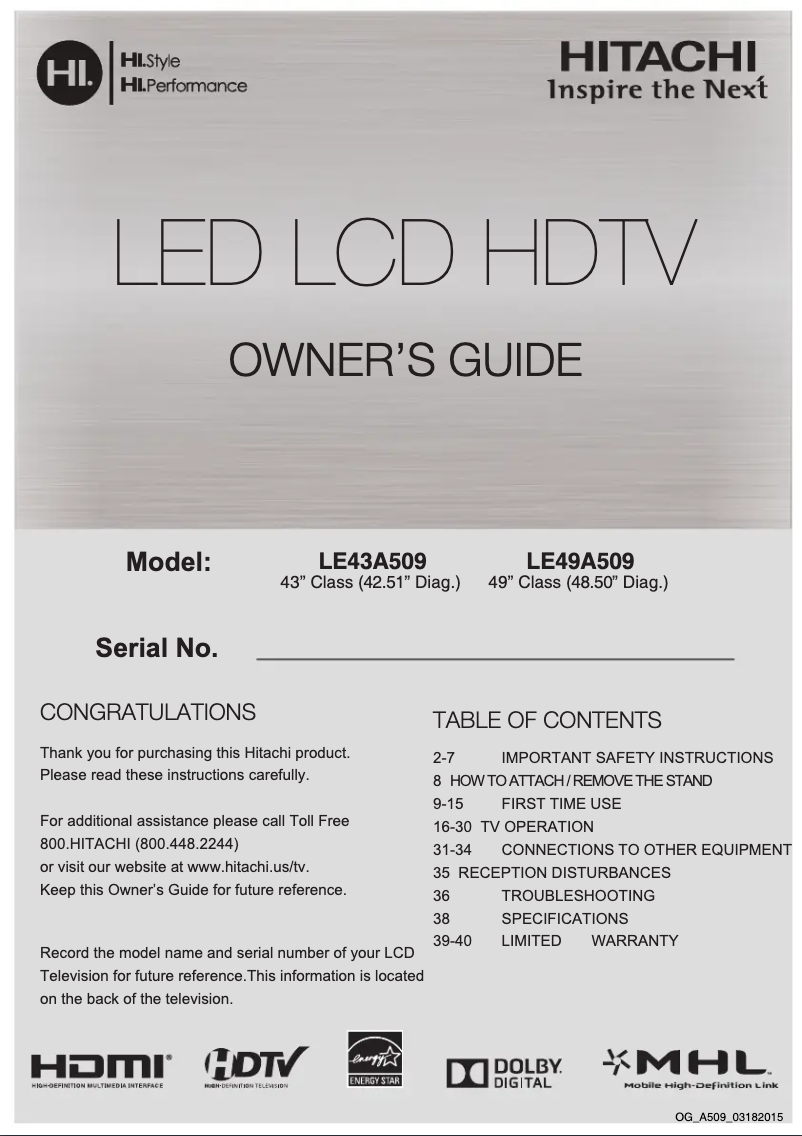 Page n°1 - Manuel utilisateur Hitachi LE43A509