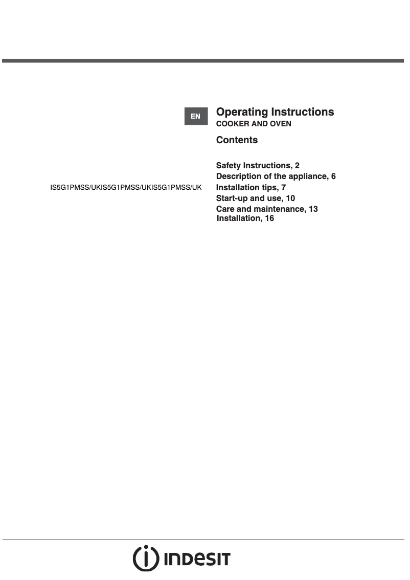 Page 1 de la notice Instructions / montage Indesit IS5G1PMSS/UK