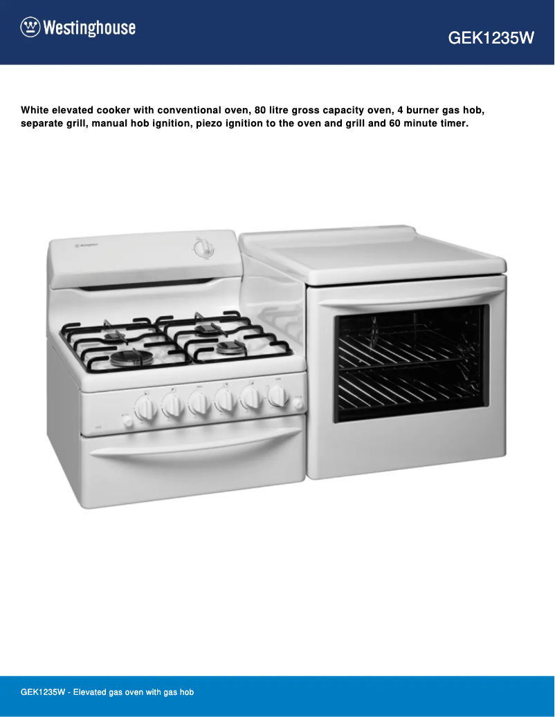 Page 1 de la notice Fiche technique Westinghouse GEK1235W