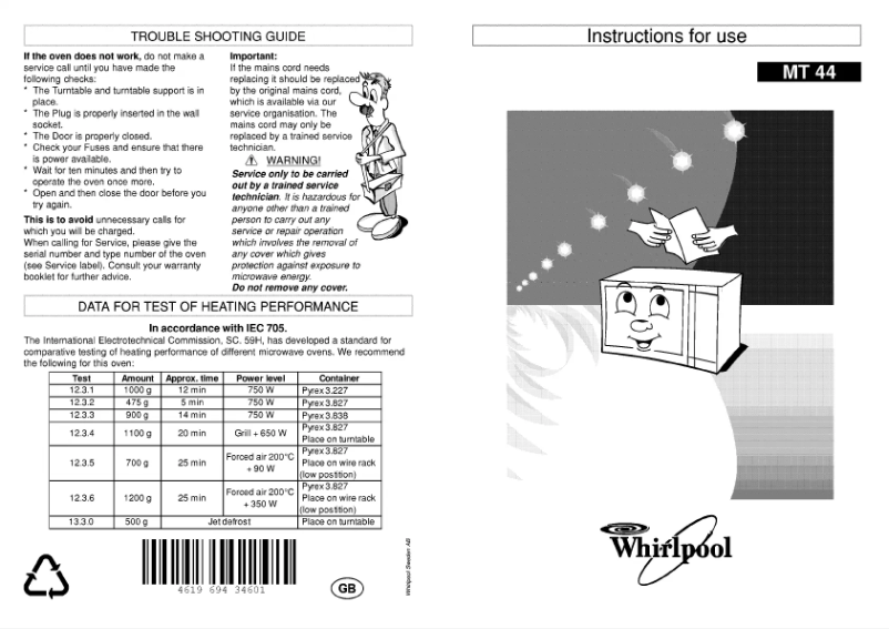 Page 1 de la notice Manuel utilisateur Whirlpool MT 44