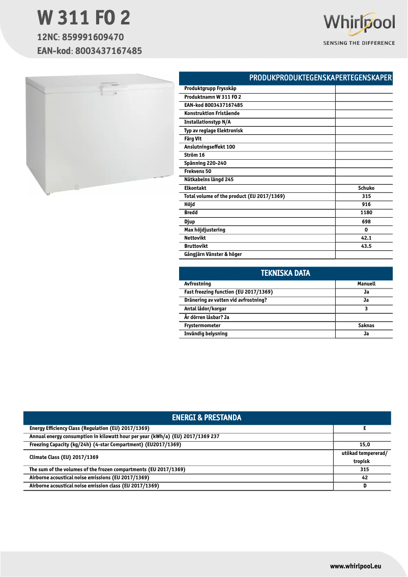 Page n°1 - Fiche technique Whirlpool W 311 FO 2