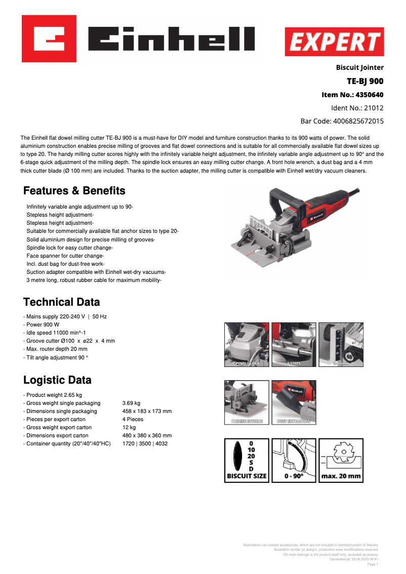 Page n°1 - Fiche technique Einhell TE-BJ 900