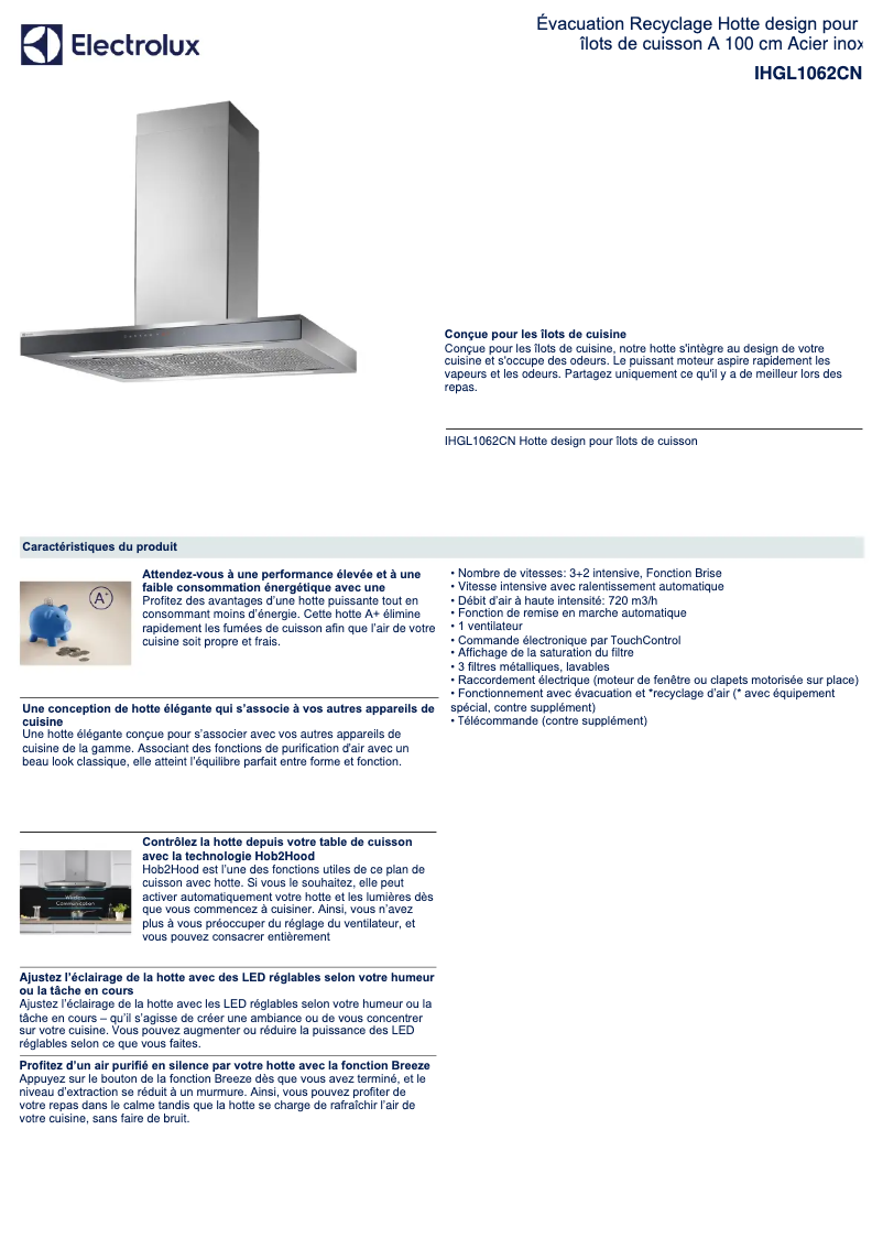 Page 1 de la notice Fiche technique Electrolux IHGL1062CN