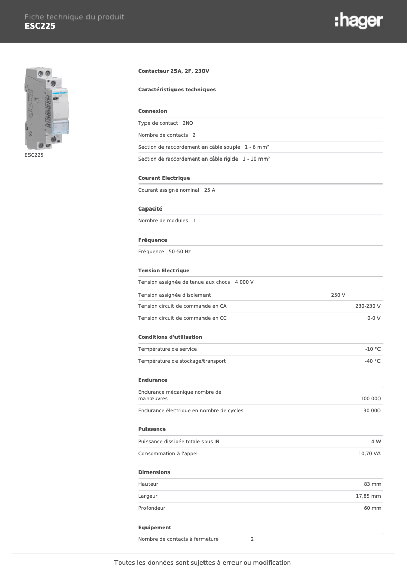Page n°1 - Fiche technique Hager ESC225