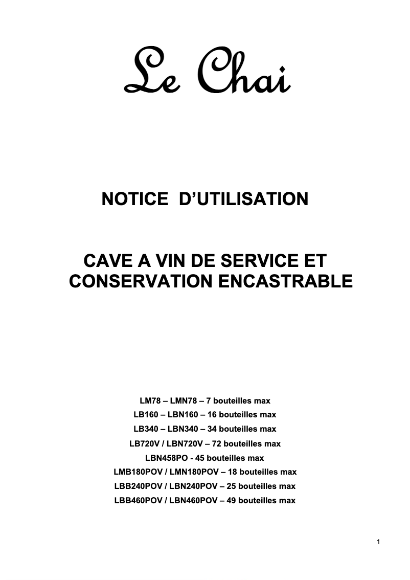 Page n°1 - Manuel utilisateur Le Chai LBN 460POV