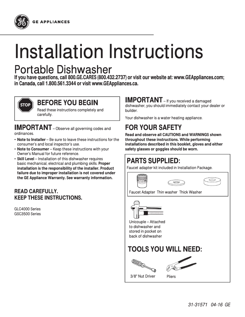 Page 1 de la notice Guide d'installation GE GSC3500DWW