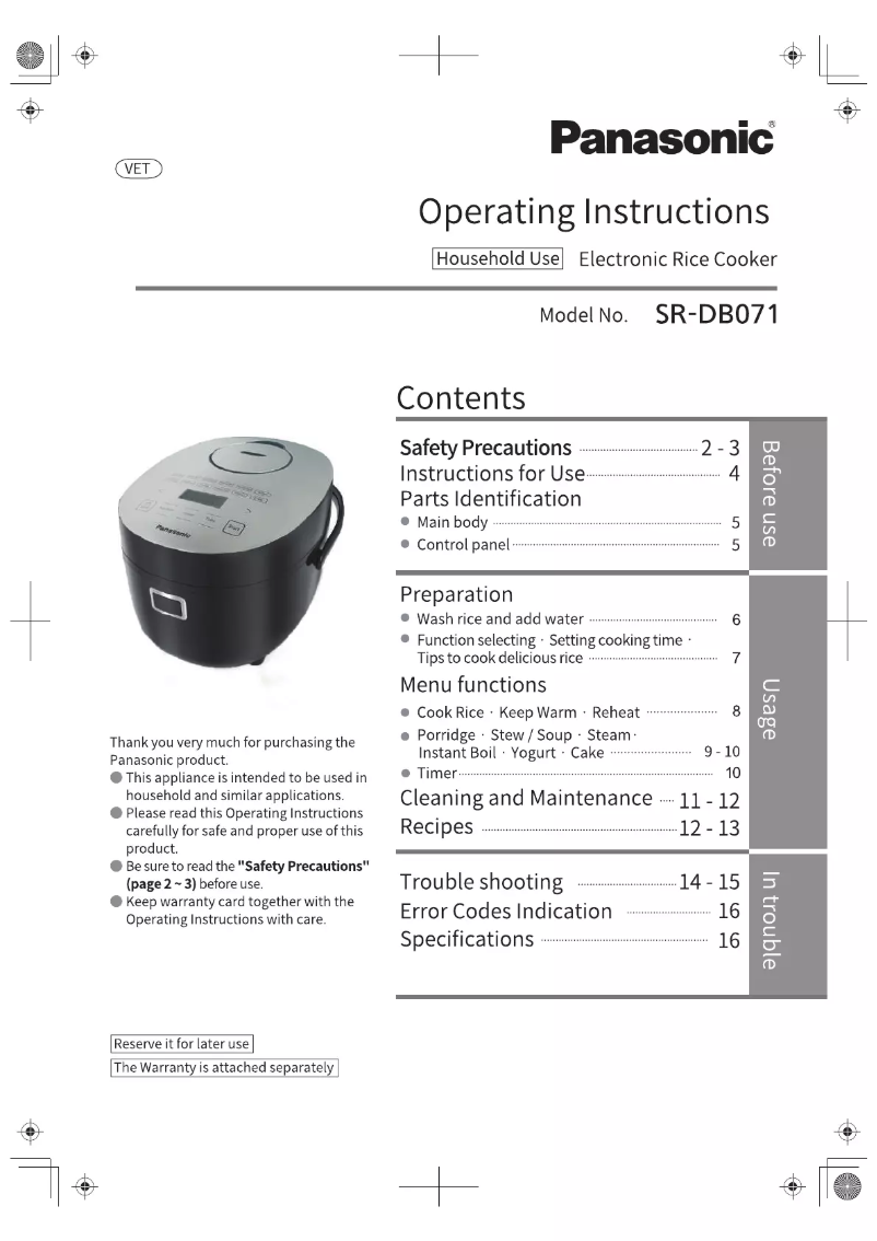 Page n°1 - Manuel utilisateur Panasonic SR-DB071