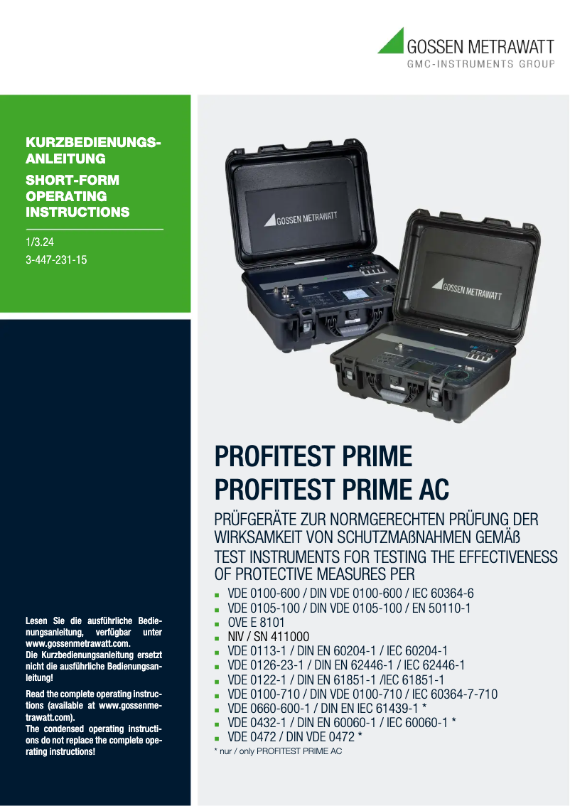 Page 1 de la notice Manuel utilisateur Gossen Metrawatt PROFITEST PRIME AC