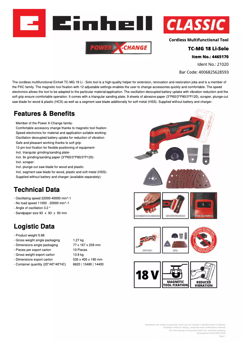 Page 1 de la notice Fiche technique Einhell TC-MG 18 Li