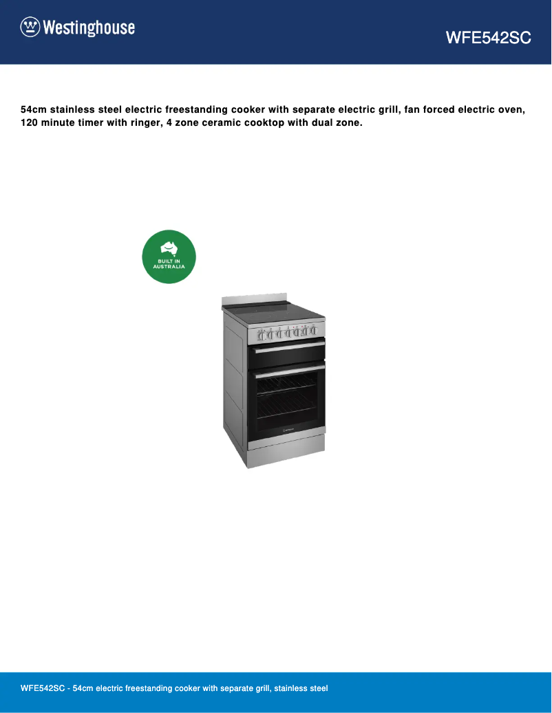 Page 1 de la notice Fiche technique Westinghouse WFE542SC