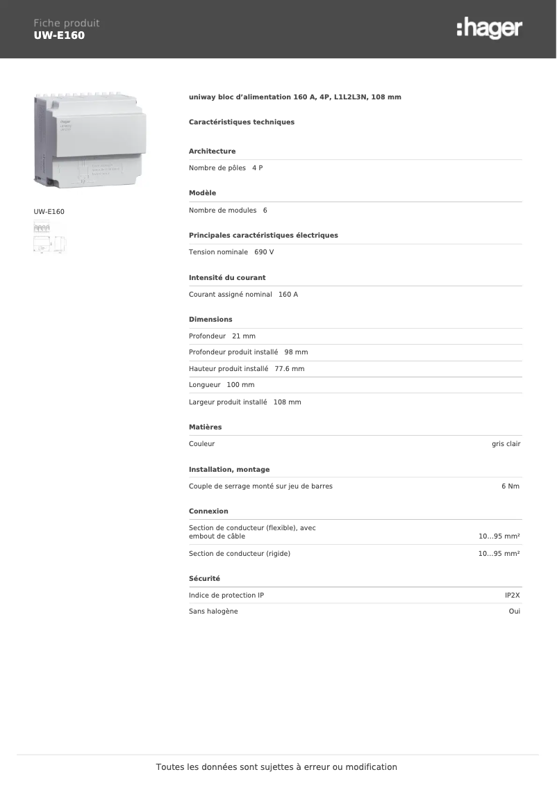 Page 1 de la notice Manuel utilisateur Hager UW-E160