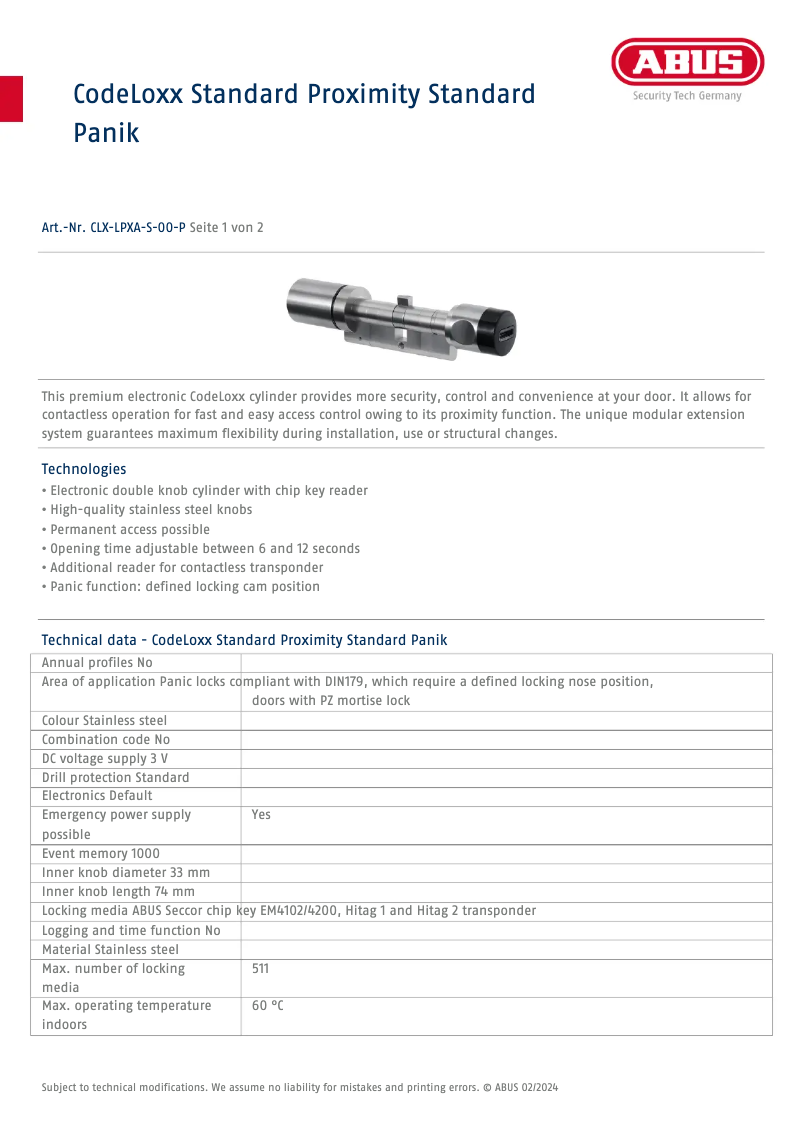 Page n°1 - Fiche technique Abus CLX-LPXA-S-00-P