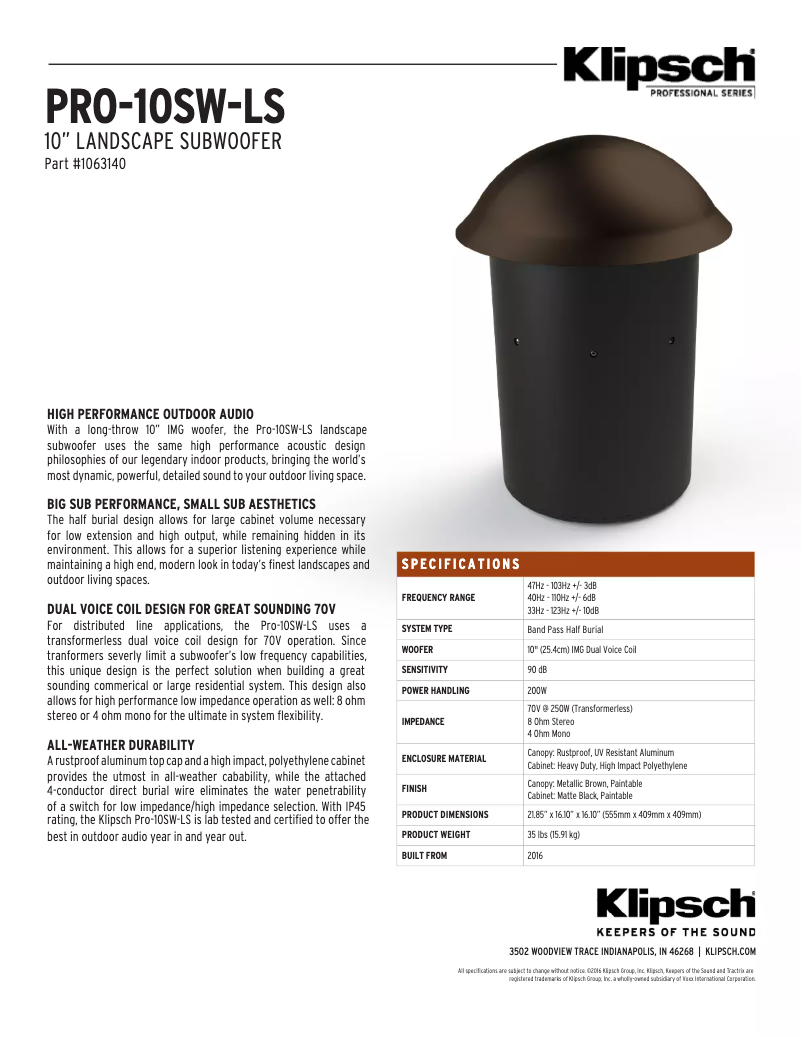 Page 1 de la notice Fiche technique Klipsch PRO-10SW-LS