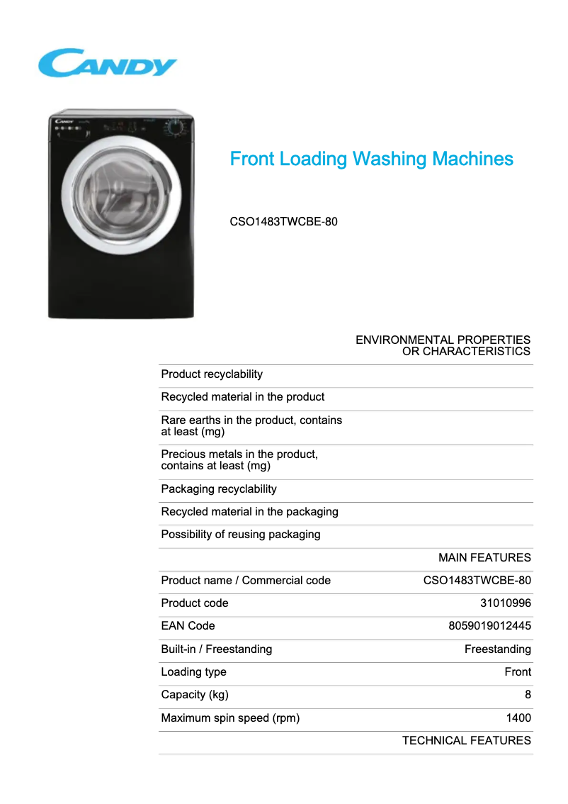 Page 1 de la notice Fiche technique Candy CSO1483TWCBE-80