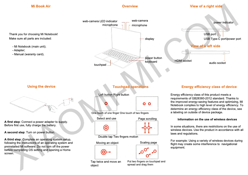 Page 1 de la notice Manuel utilisateur Xiaomi Mi Notebook Air