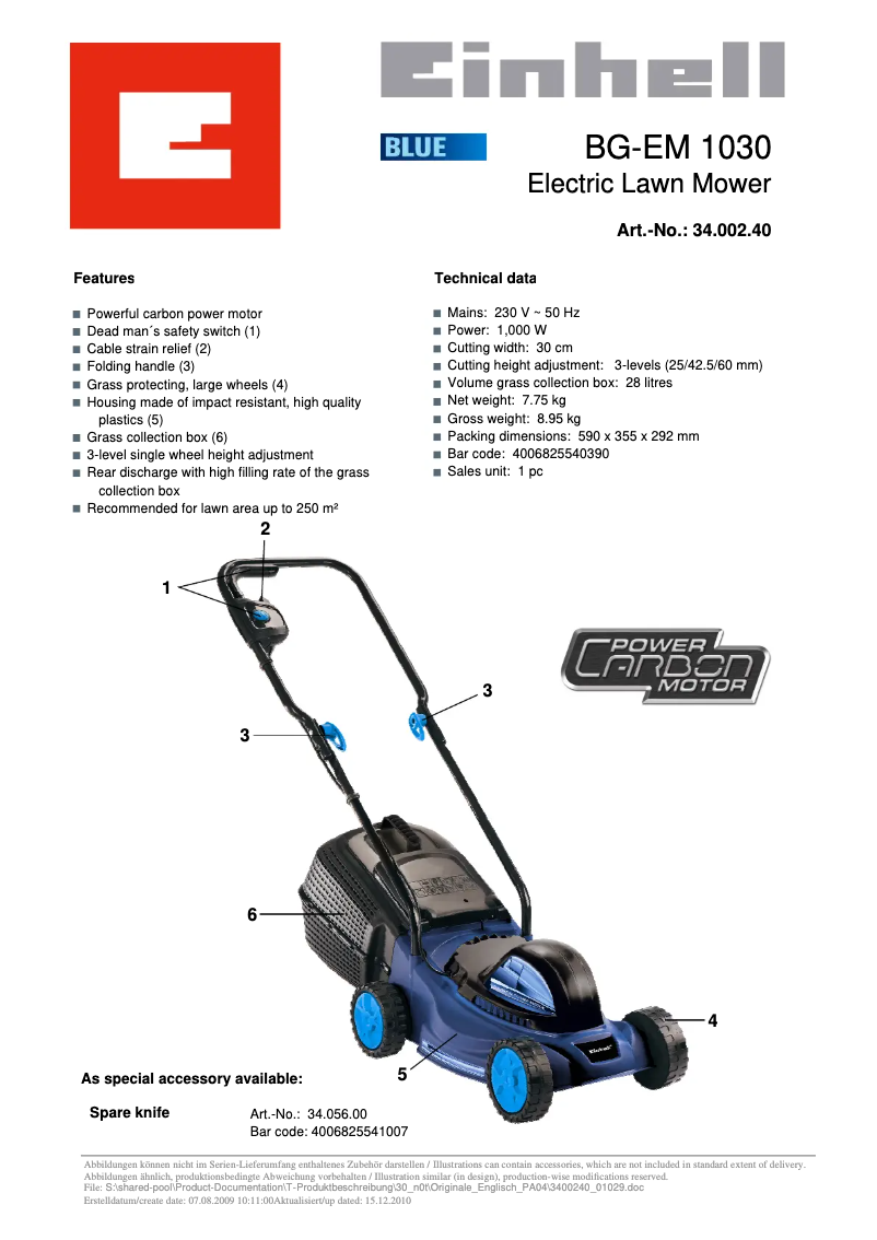 Page 1 de la notice Fiche technique Einhell GC-EM 1030/1