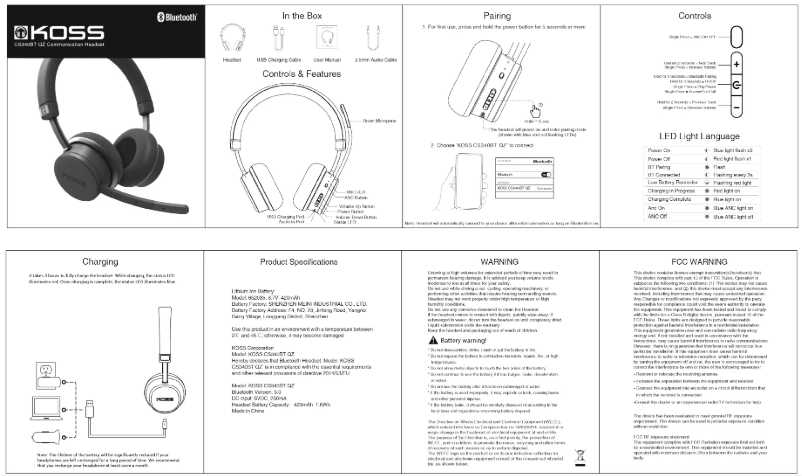 Page 1 de la notice Manuel utilisateur Koss CS340BT QZ