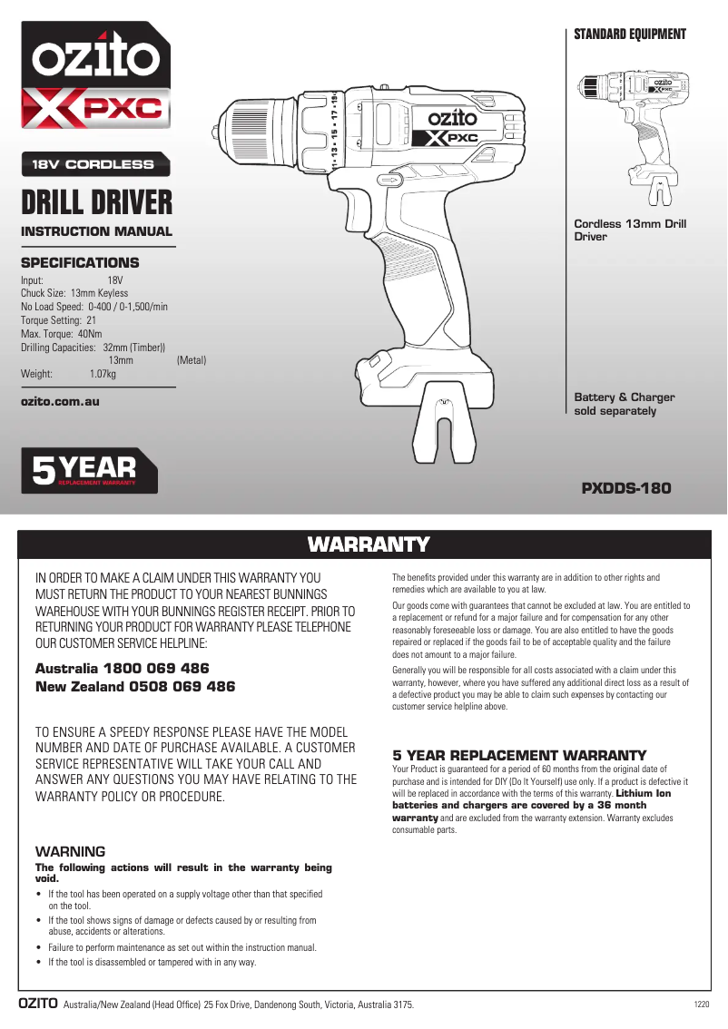 Page 1 de la notice Manuel utilisateur Ozito PX6PAK-600U